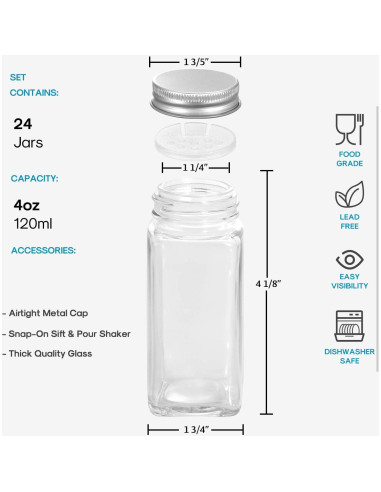Tarros de Especias de Vidrio AOZITA 24 Pcs 118ml Cuadrados