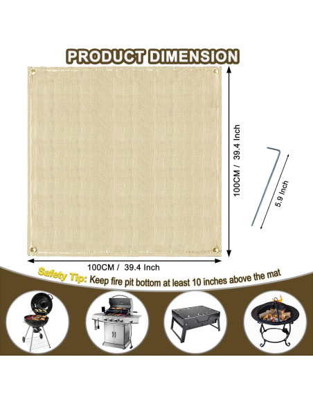 Mat de Fuego Cuadrado 100 cm Resistente al Calor para BBQ