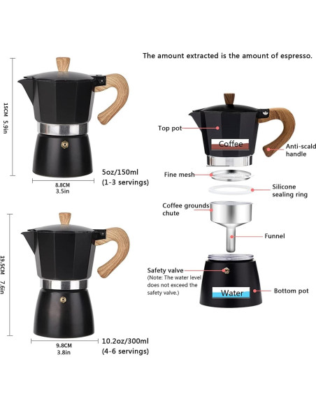 Cafetera Moka Pot Conyee 6 Tazas 300 ML Aluminio Negro