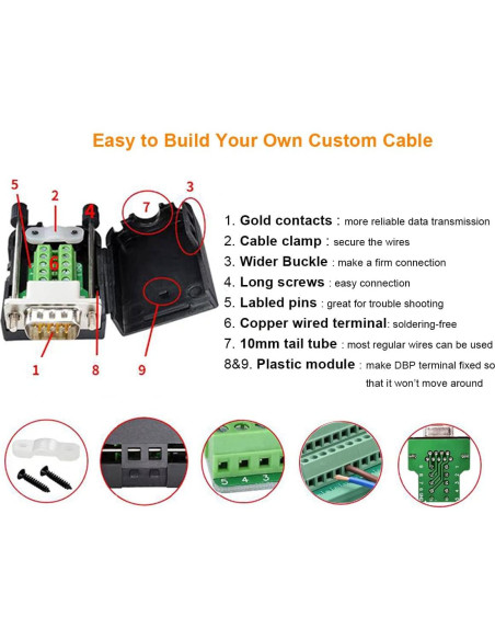 Conector DB9 Macho Sin Soldadura DTECH Kit Adaptador RS232 Conector DB9 Macho Sin Soldadura DTECH Kit Adaptador RS232