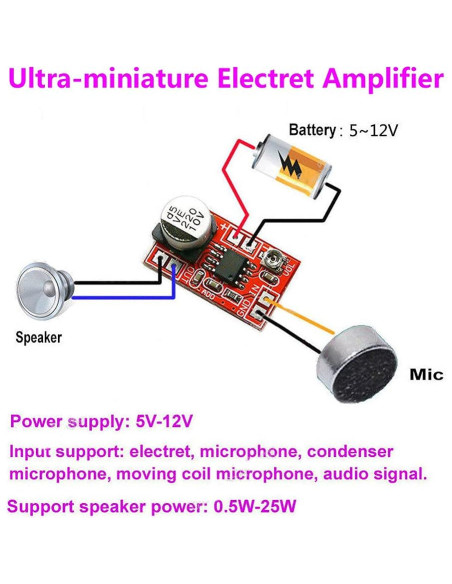 2PCS Módulo Amplificador de Micrófono Electret QINIZX LM386 750mW