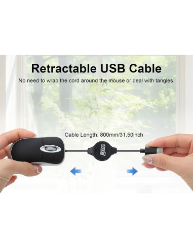 EEEKit Mini Ratón USB-C con Cable Retráctil 1600 DPI Negro