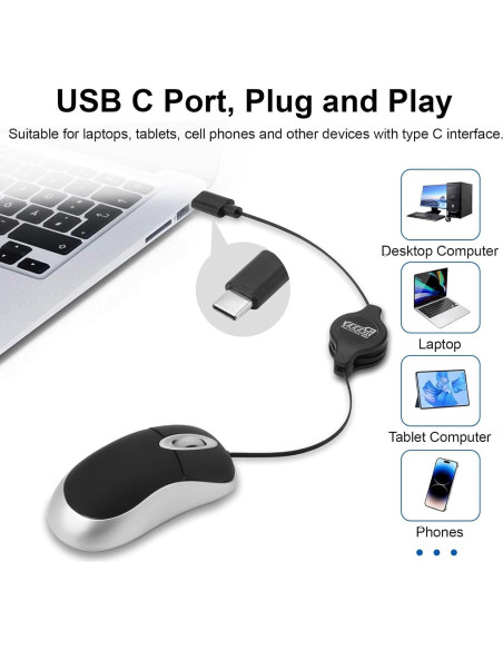 EEEKit Mini Ratón USB-C con Cable Retráctil 1600 DPI Negro