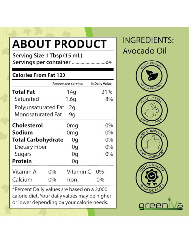 Aceite de Aguacate GreenIVe 100% Puro 0.95L Prensado en Frío