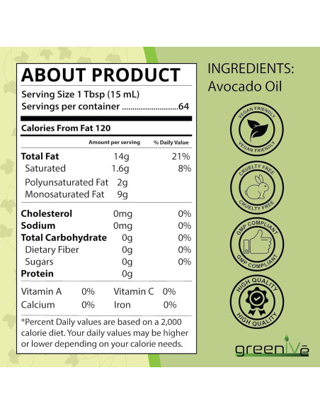 Aceite de Aguacate GreenIVe 100% Puro 0.95L Prensado en Frío