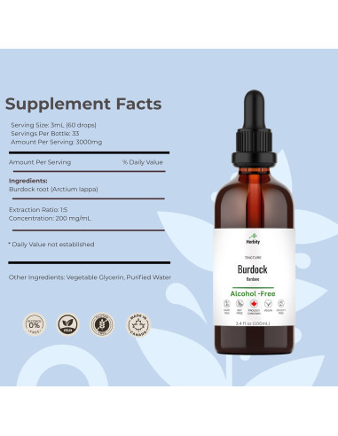 Tintura de raíz de bardana Herbity 100 ml - Sin alcohol, vegano