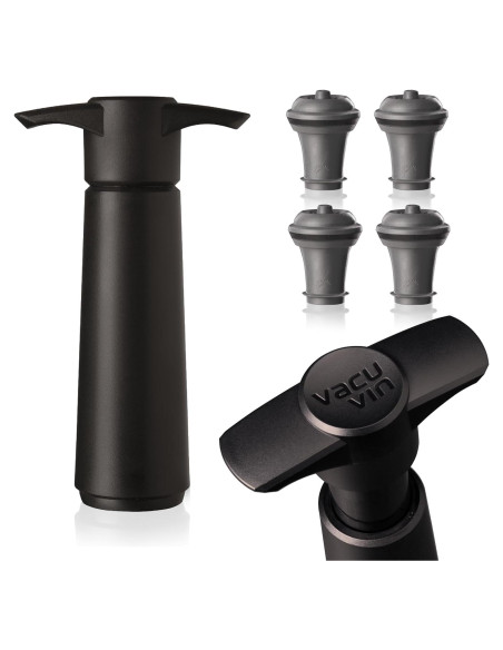 Vacu Vin Conservador de Vino al Vacío con 4 Tapones - Negro