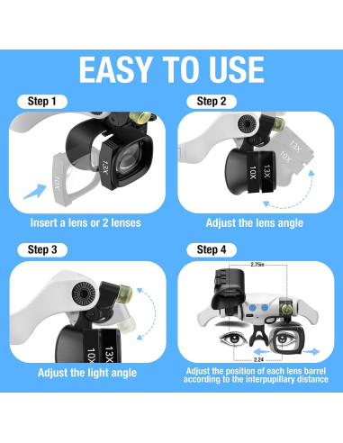 Lupa de diadema COYLAPY con luz y 5 lentes intercambiables