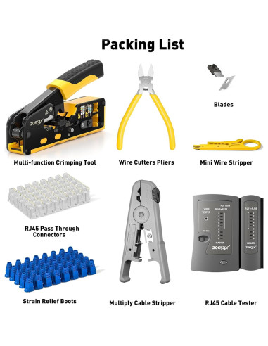 Kit de Crimpado Ethernet ZOERAX 8 en 1 con 50 Conectores Cat6