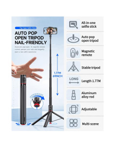 Palo de Selfie Magnético Automático 1.77m con Trípode y Control Remoto 2