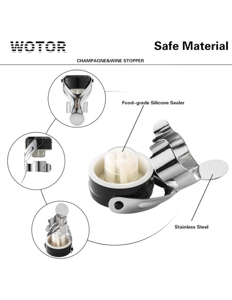 Tapones de Vino y Champagne WOTOR de Acero Inoxidable - 6 Piezas