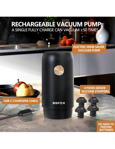 Bomba Eléctrica para Vino BGFOX con 4 Tapones Reutilizables