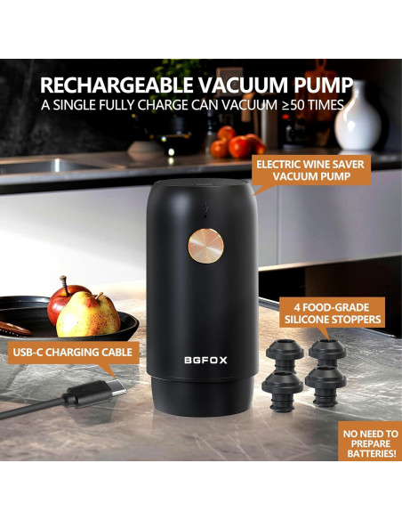 Bomba Eléctrica para Vino BGFOX con 4 Tapones Reutilizables