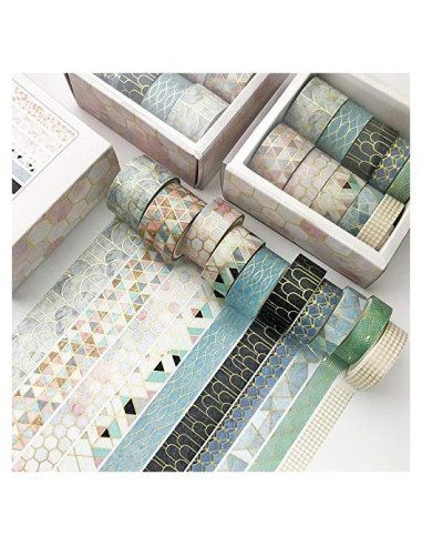Conjunto Washi Tape 10 Rollos Geométrico Floral Dorado 3m