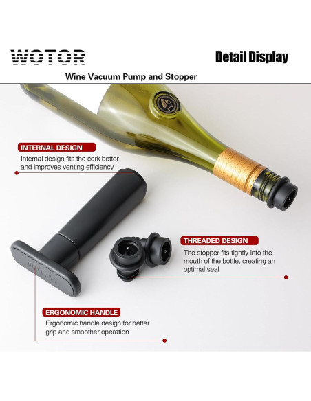 Bomba de Vacío para Vino WOTOR con 4 Tapones Reutilizables