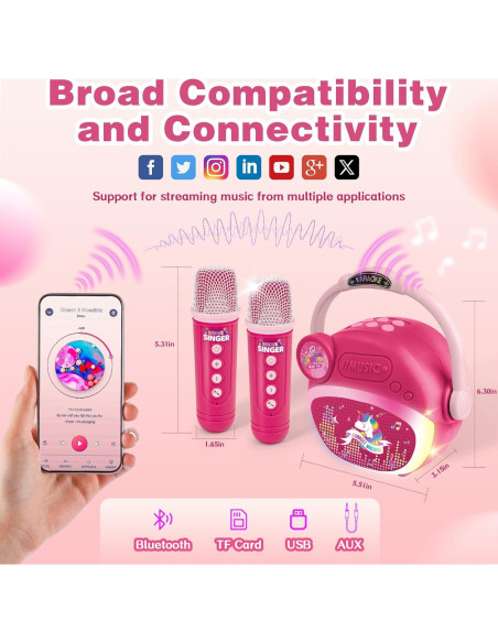 Mini Máquina de Karaoke Rosa para Niñas con Bluetooth y 2 Micrófonos