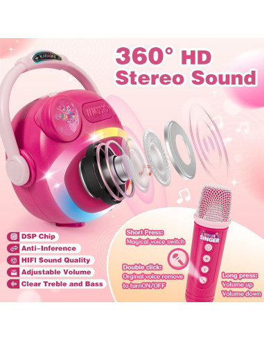 Mini Máquina de Karaoke Rosa para Niñas con Bluetooth y 2 Micrófonos
