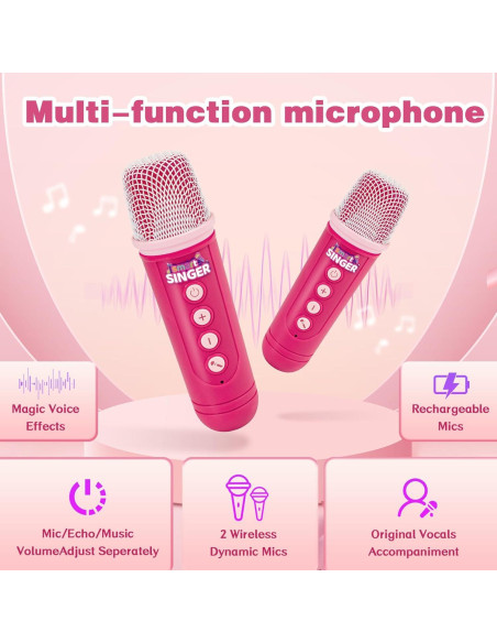 Mini Máquina de Karaoke Rosa para Niñas con Bluetooth y 2 Micrófonos
