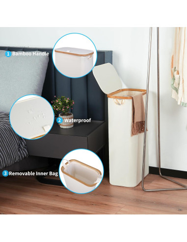 Cesta de Lavandería Efluky 63L Beige con Tapa y Asas de Bambú
