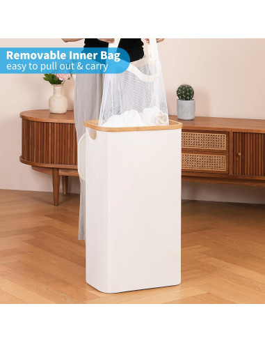 Cesta de Lavandería Efluky 63L Beige con Tapa y Asas de Bambú