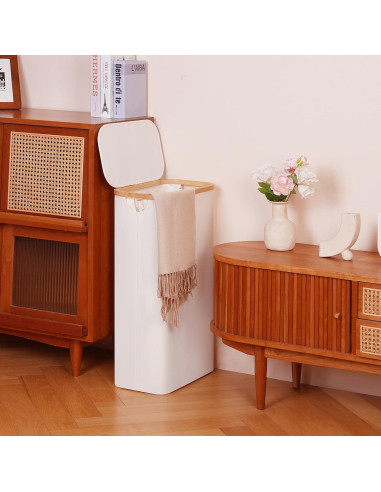 Cesta de Lavandería Efluky 63L Beige con Tapa y Asas de Bambú