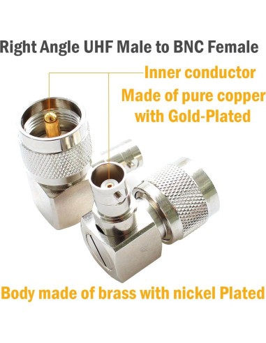 Adaptador Coaxial UHF PL259 a BNC 90 - Exgoofit (Paquete de 2)