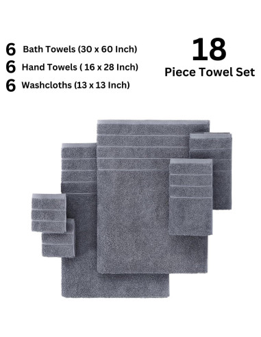 Juego de Toallas de Baño Casa Platino 18 Piezas 100% Algodón Gris