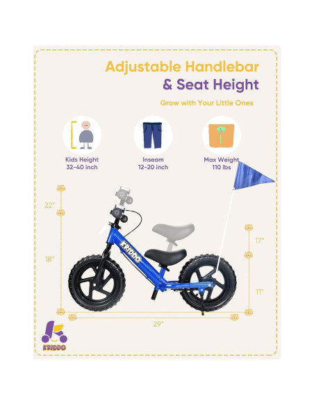 Bicicleta de Equilibrio KRIDDO Azul 12" para Niños 2-5 Años