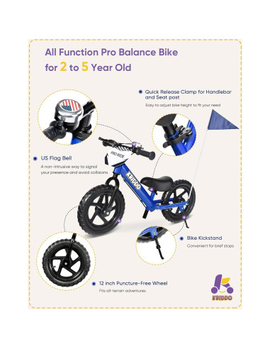 Bicicleta de Equilibrio KRIDDO Azul 12" para Niños 2-5 Años