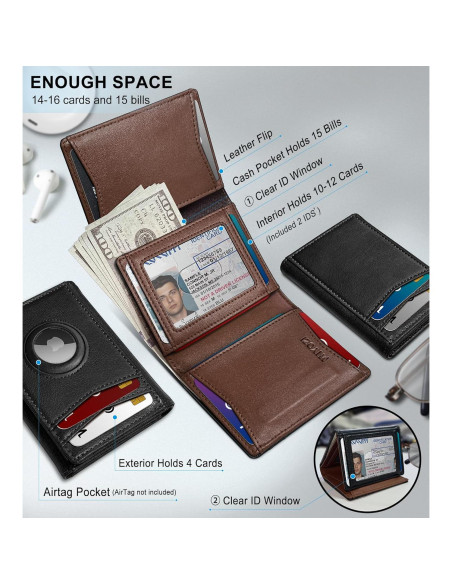 Billetera Airtag para hombres MIYOZI, cuero delgada, RFID, 14-16 tarjetas