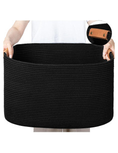 Canasta Tejida Grande danpinera 108L Algodón Negro con Asa de Cuero