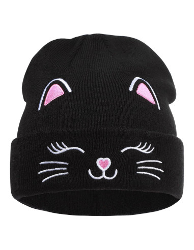 Gorra de Invierno Tejida Unisex Gato Bordado para Niños 7-12 Años