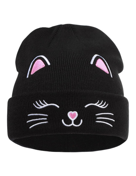 Gorra de Invierno Tejida Unisex Gato Bordado para Niños 7-12 Años