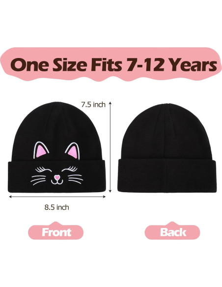 Gorra de Invierno Tejida Unisex Gato Bordado para Niños 7-12 Años