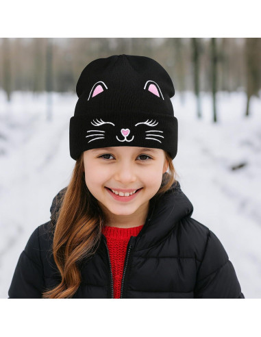 Gorra de Invierno Tejida Unisex Gato Bordado para Niños 7-12 Años