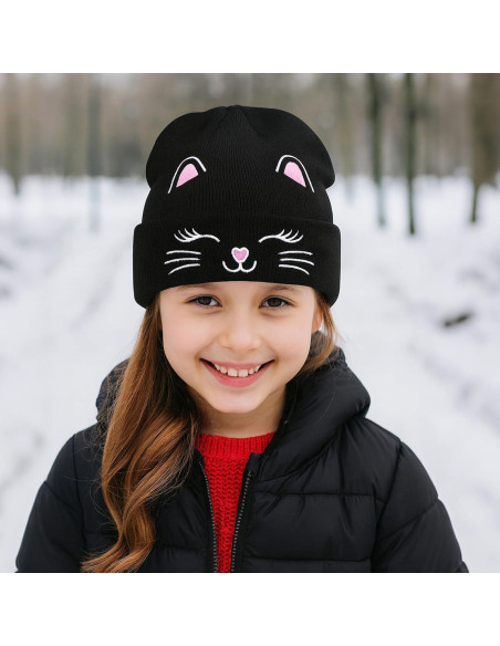 Gorra de Invierno Tejida Unisex Gato Bordado para Niños 7-12 Años
