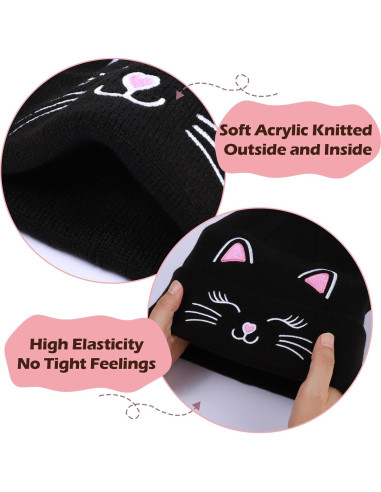 Gorra de Invierno Tejida Unisex Gato Bordado para Niños 7-12 Años