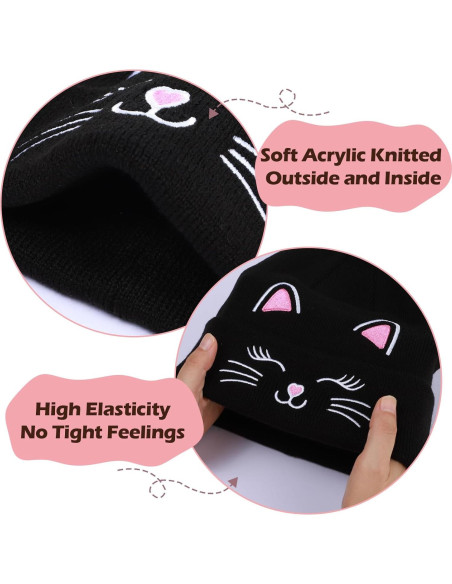 Gorra de Invierno Tejida Unisex Gato Bordado para Niños 7-12 Años