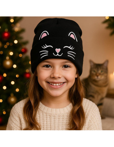 Gorra de Invierno Tejida Unisex Gato Bordado para Niños 7-12 Años