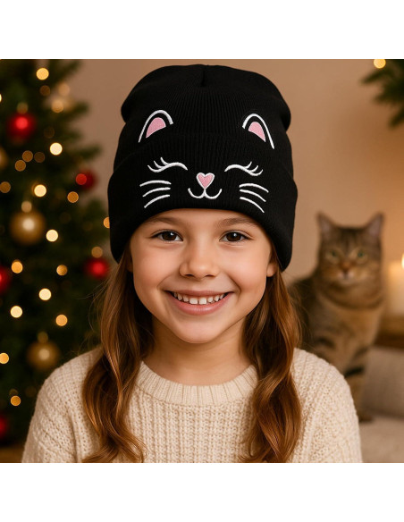 Gorra de Invierno Tejida Unisex Gato Bordado para Niños 7-12 Años