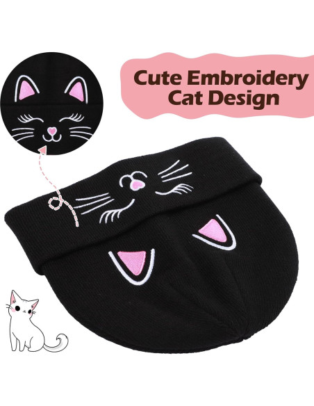 Gorra de Invierno Tejida Unisex Gato Bordado para Niños 7-12 Años