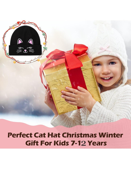 Gorra de Invierno Tejida Unisex Gato Bordado para Niños 7-12 Años
