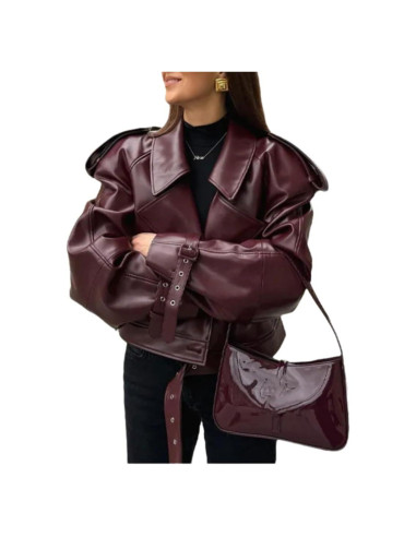 Chaqueta de Cuero Sintético THLAI para Mujeres - Manga Larga Grande Vino