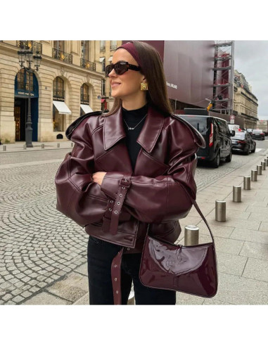 Chaqueta de Cuero Sintético THLAI para Mujeres - Manga Larga Grande Vino