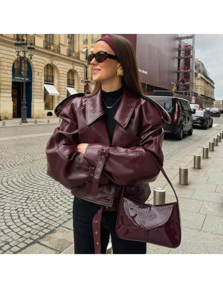 Chaqueta de Cuero Sintético THLAI para Mujeres - Manga Larga Grande Vino