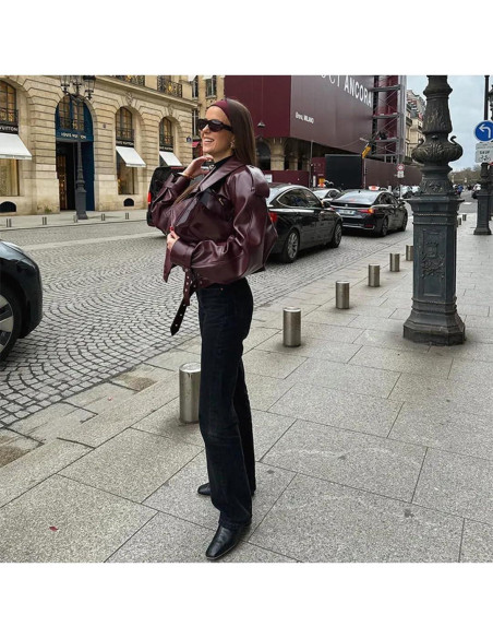 Chaqueta de Cuero Sintético THLAI para Mujeres - Manga Larga Grande Vino