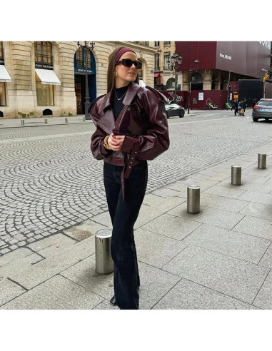 Chaqueta de Cuero Sintético THLAI para Mujeres - Manga Larga Grande Vino