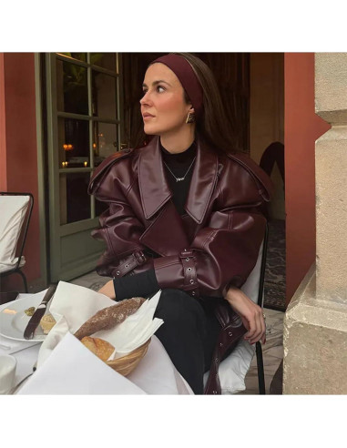 Chaqueta de Cuero Sintético THLAI para Mujeres - Manga Larga Grande Vino