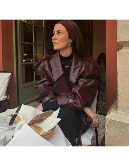 Chaqueta de Cuero Sintético THLAI para Mujeres - Manga Larga Grande Vino