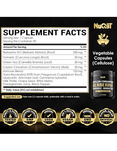 Suplemento de Berberina NUQIIT con Cúrcuma y Té Verde - 90 Cápsulas